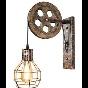 New retro rustic wheel pulley light fixture wall sconce farmhouse industrial